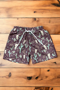 Boys Dark Gray Cactus and Cow skull Print Trunks