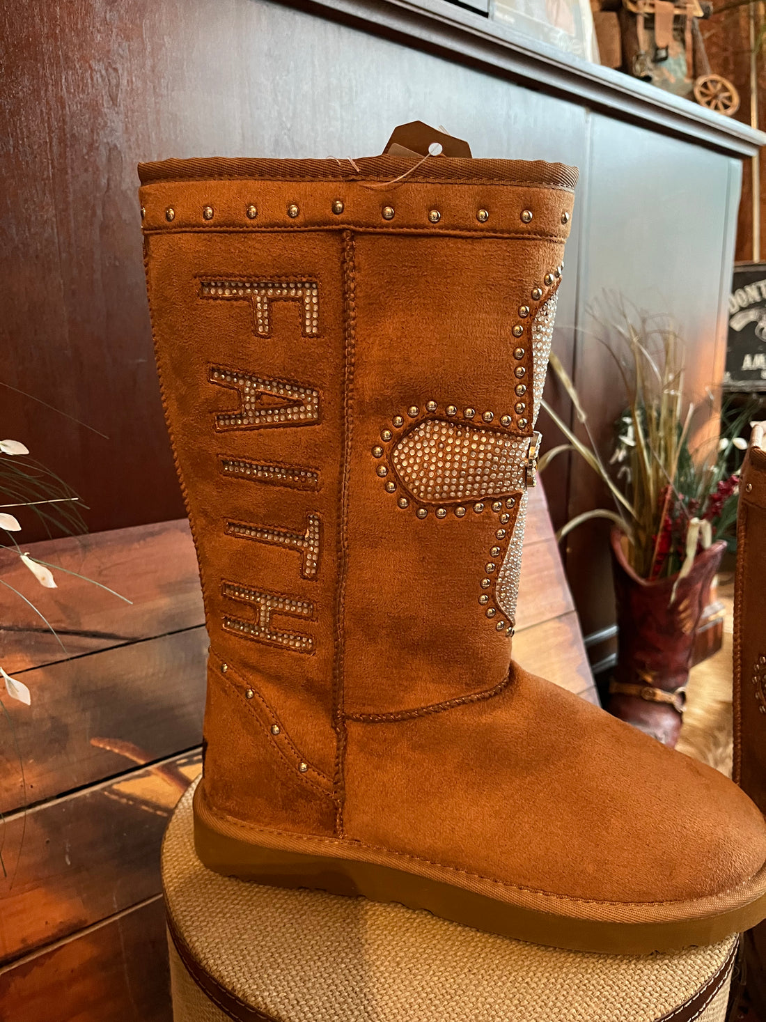 Side View-Montana West Mid Calf Light Brown Fur Lined Boots w/ FAITH ,CROSS &amp; Rhinestones