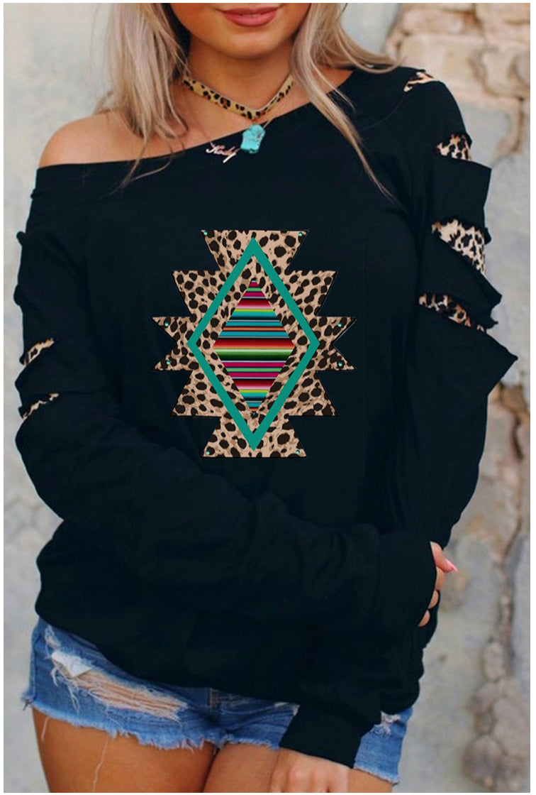 Front View-Black and Leopard Print Cut-out Aztec Sweatshirt