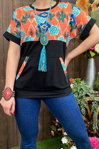 Coral and Black Short Sleeve Top with Cactus and Teal Succulents