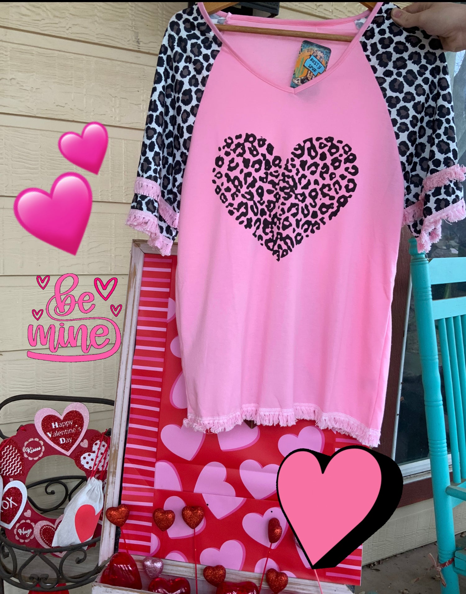 Pink &amp; Leopard Print Shirt With Leopard Heart And Fringe On Sleeves And Hem