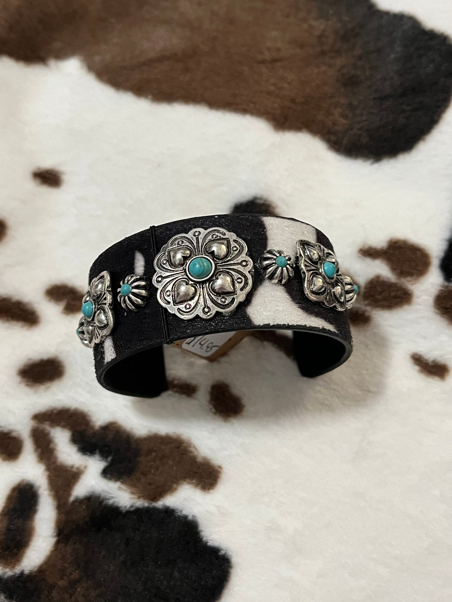 Black with Turquoise accent-Cow Print Cuff Bracelets with Concho Accents