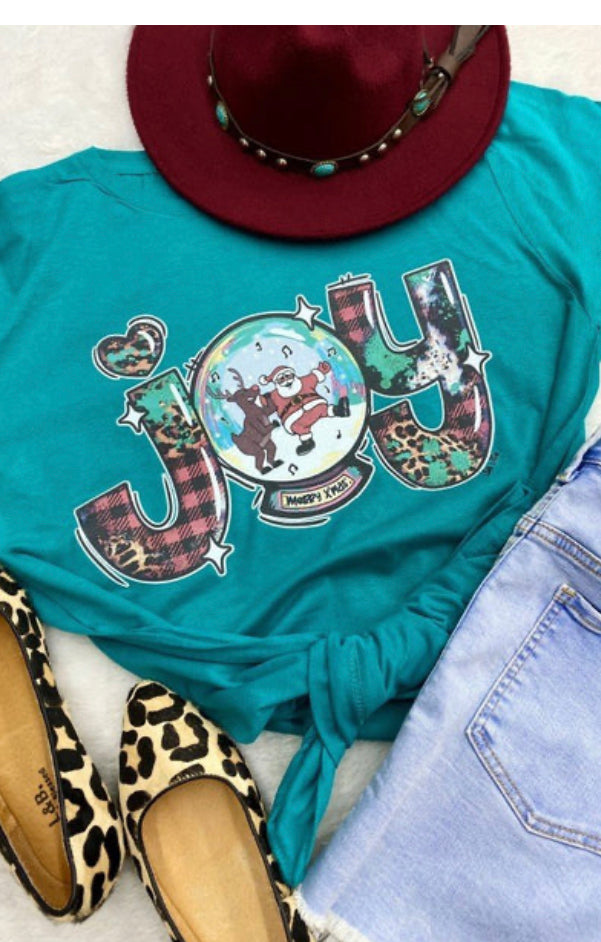 Turquoise “Joy” Snowglobe Christmas Tee