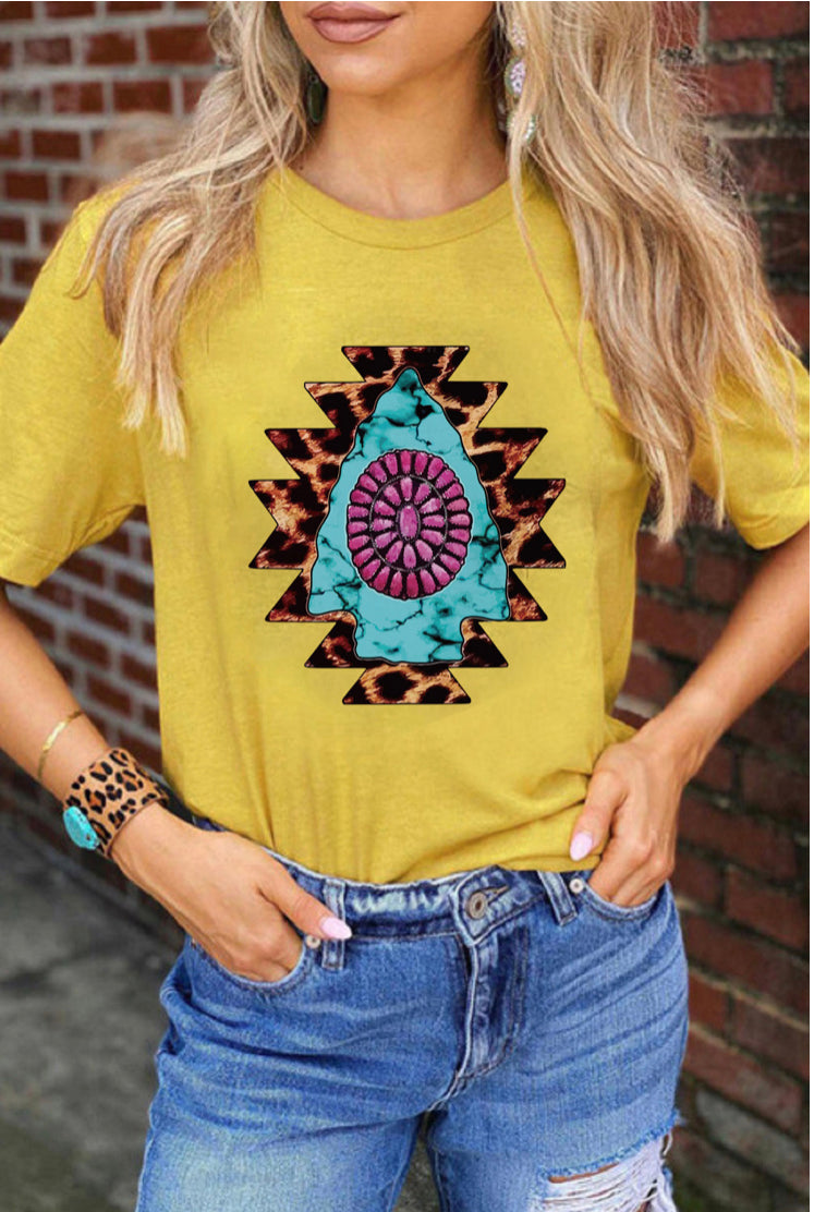 Close up View-Aztec Pattern Crew Neck Graphic T-Shirt