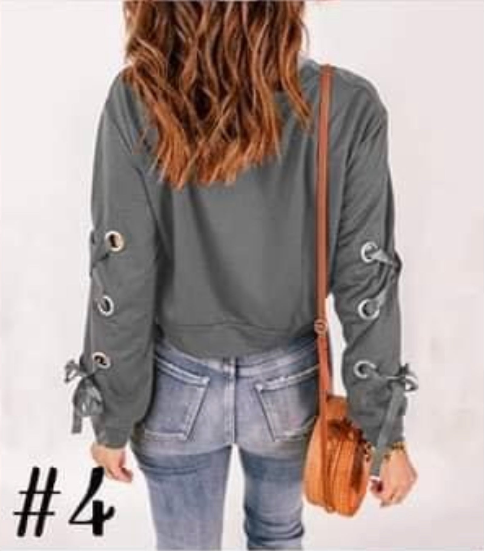 Back of Gray view-Colored Crop Top Shirt with Lace-up Sleeves