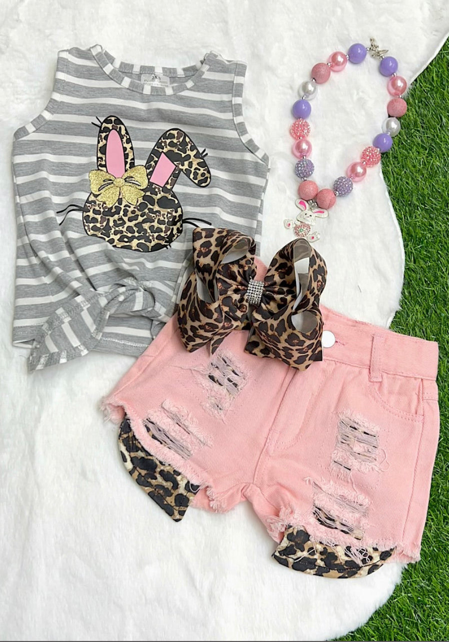Full View-Easter Bunny Printed Tank Top with Pink Distressed Shorts