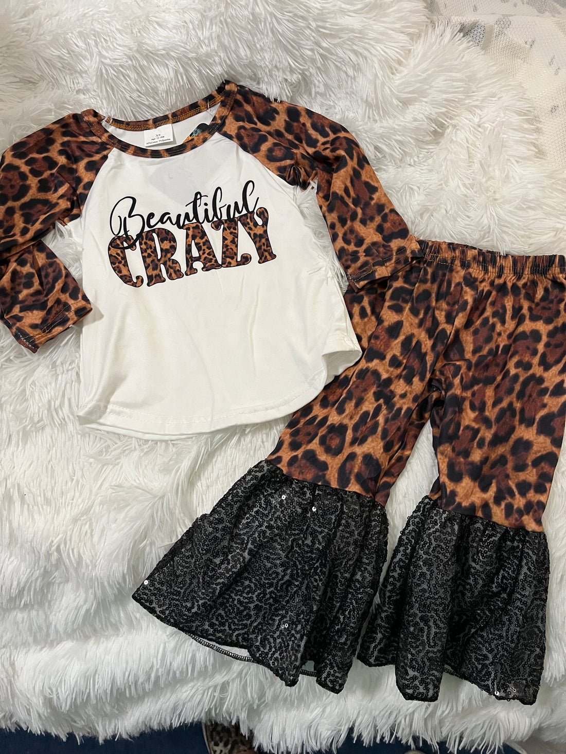 Full View-Girls Beautiful Crazy Leopard Print with Sparkle Bell Bottoms