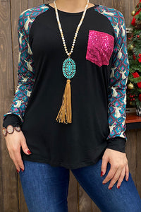 Black Long Sleeve Shirt with Pink Blingy Pocket