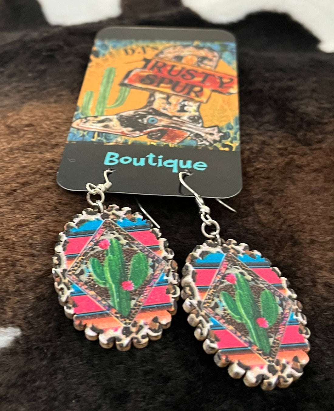 Colorful Cactus-Lightweight Western Style Wooden Dangle Earrings