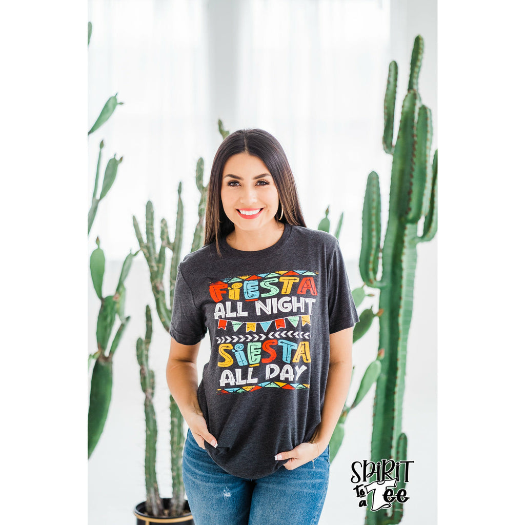 “Fiesta All Night, Siesta All Day” Black Printed Tee