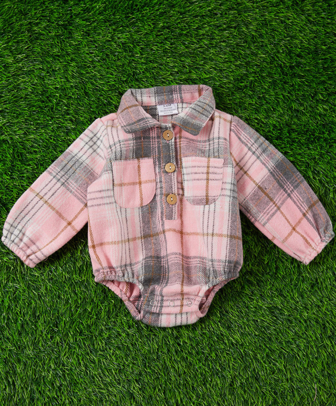 Plaid Fleece Baby Onesies With Three Buttons And Double Pockets Pink