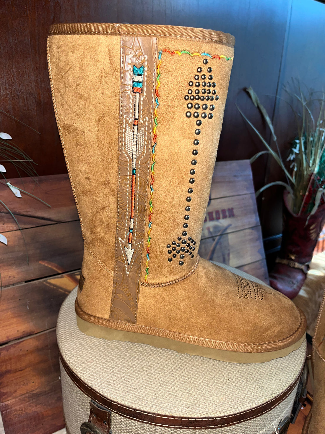 Montana West Mid Calf Light Brown w/ Multi Color Arrow and Rhinestones Boots