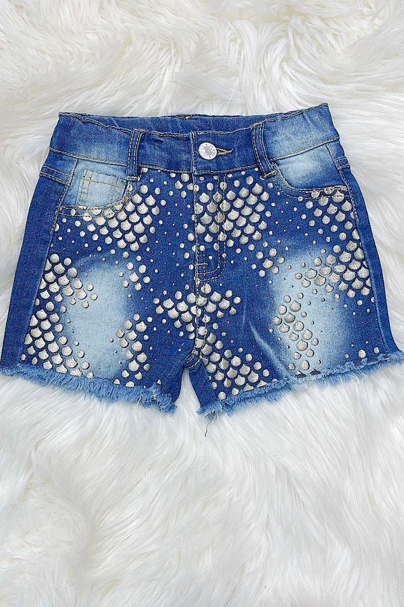 Full View- Girls Gold Mermaid Print Denim Shorts