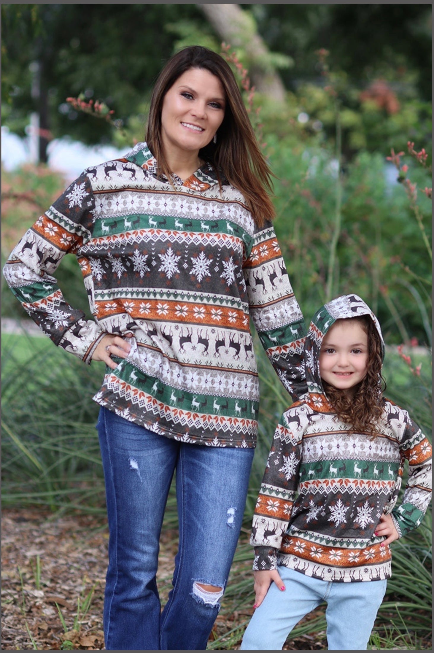 Snowflake &amp; Deer Printed Hoodie Sweatshirt-Mommy &amp; Me