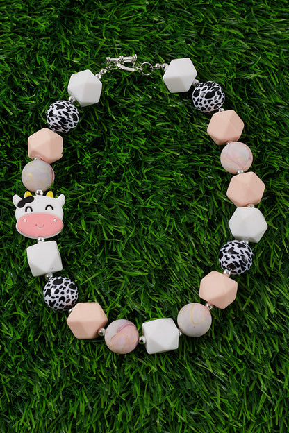 Black and White with Peach Cow-Bubble Gum Bead Necklace with Pendant