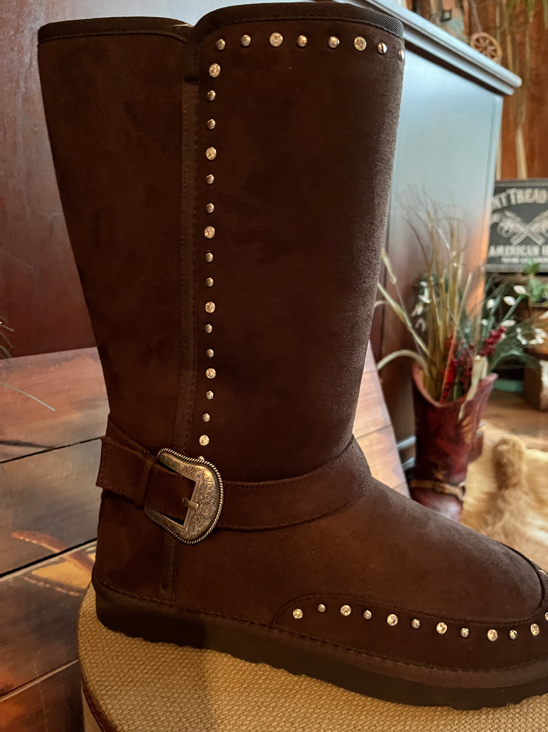 Side View-Montana West Mid Calf Dark Brown Fur Lined Boots w/Rhinestones and Buckle