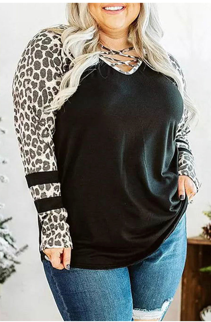 Plus Size- Black And Leopard Splicing Crisscross Neck