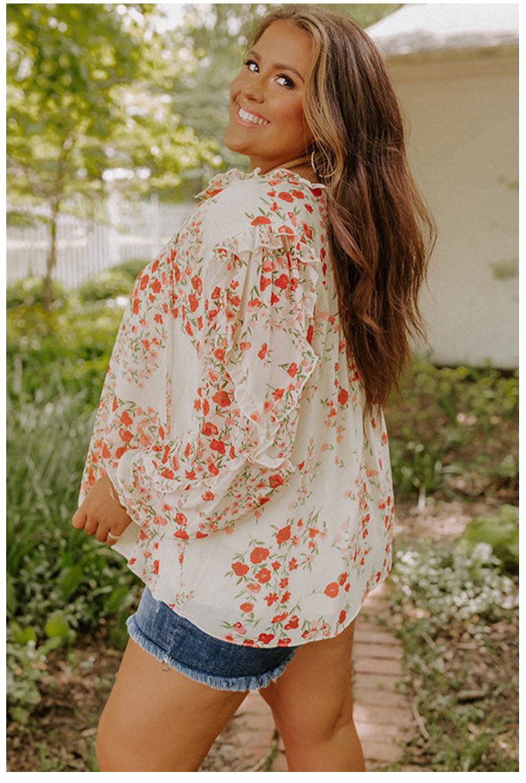 Side View-Floral Print Boho V-neck with Ruffles on sleeves