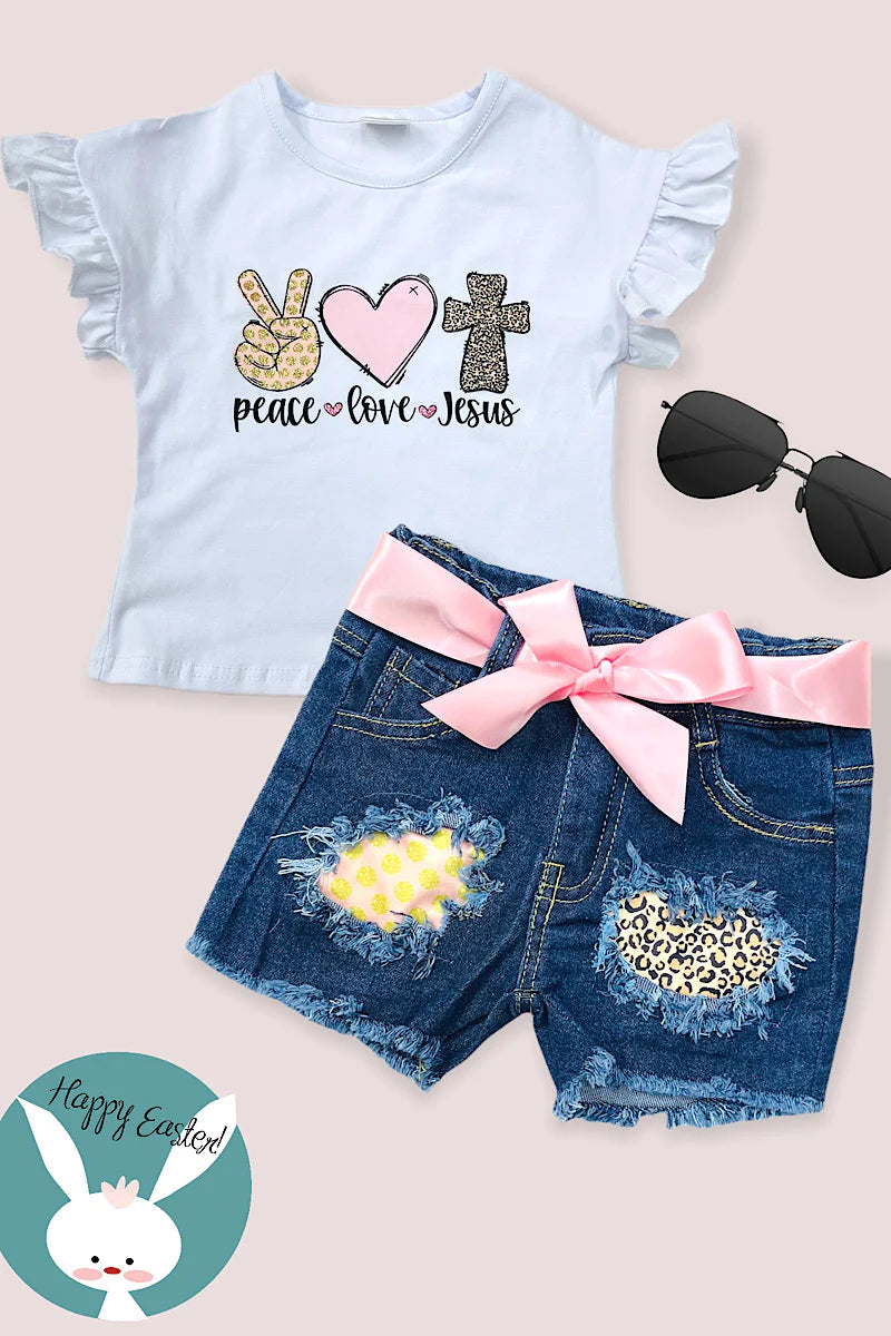 Girls Peace, Love, Jesus Printed Top with matching Denim Shorts.