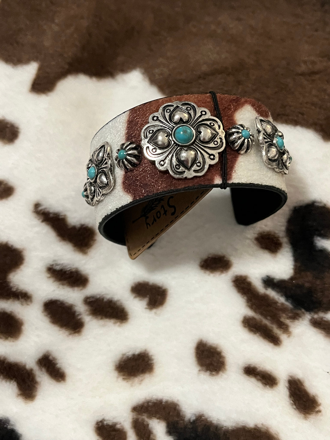 Brown with Turquoise accent-Cow Print Cuff Bracelets with Concho Accents