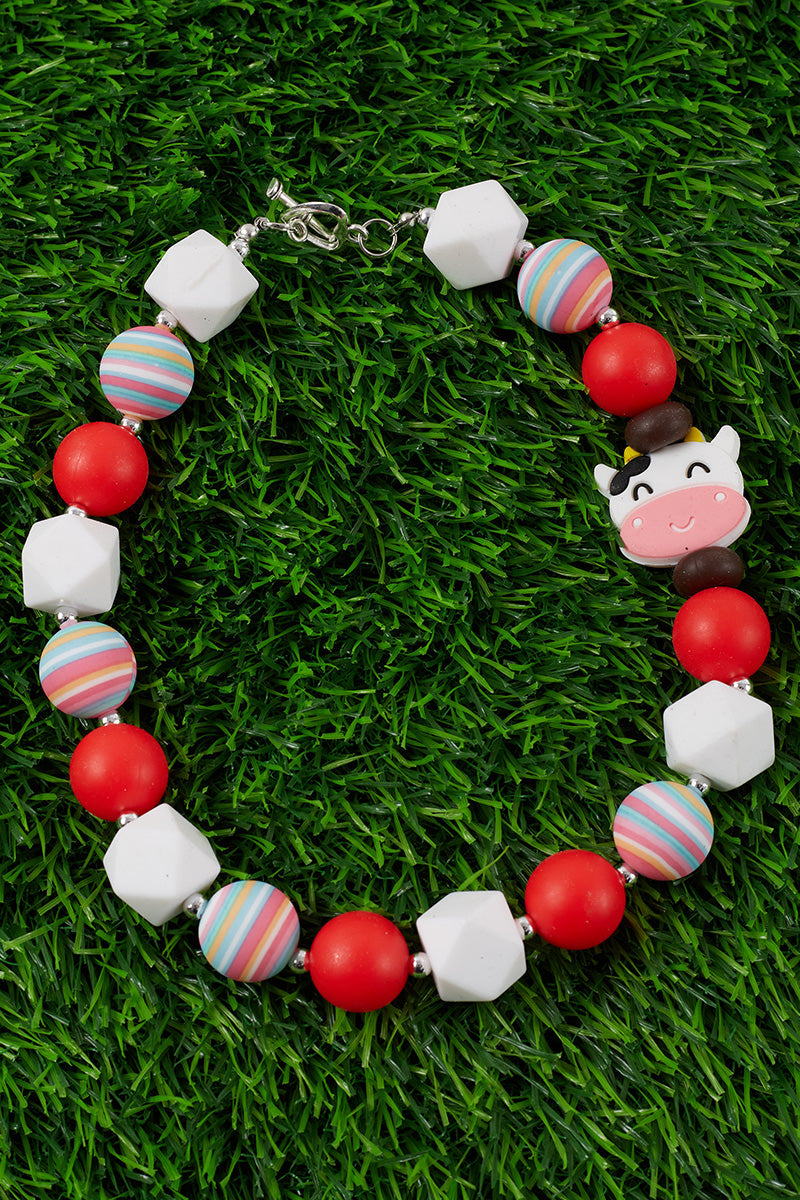 Multicolor with Cow-Child’s -Bubble Gum Bead Necklace with Pendant