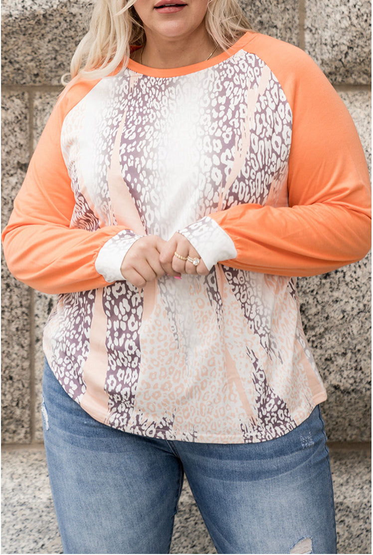 Plus Size- Leopard Print Orange Long Sleeve Top