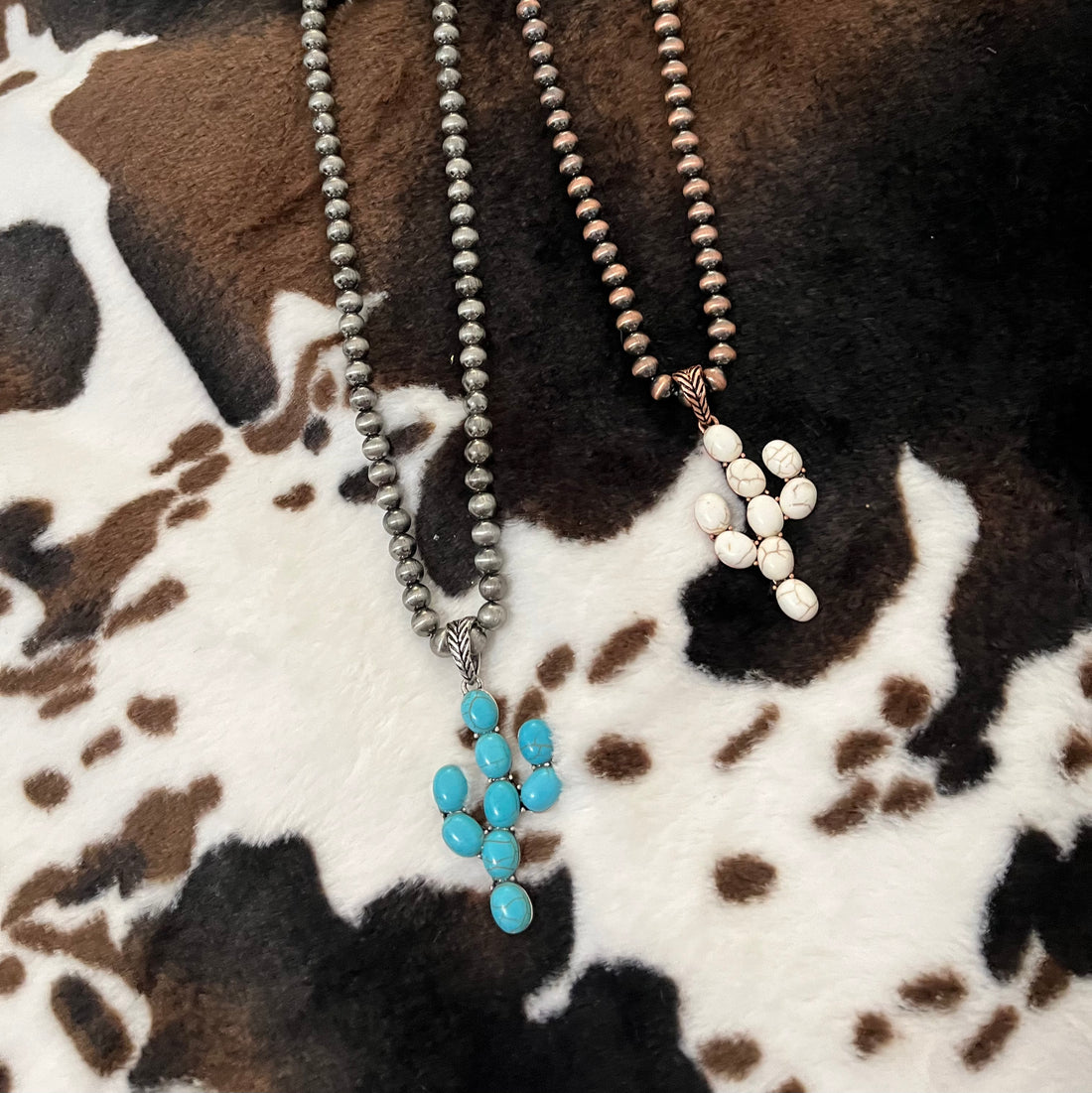 Top View of turquoise and White Cactus Necklaces
