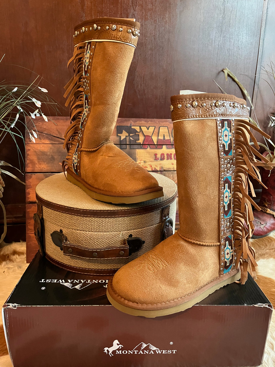 Montana West, Mid Calf Light Brown Fur Lined Boots w/Aztec Tapestry And Fringed