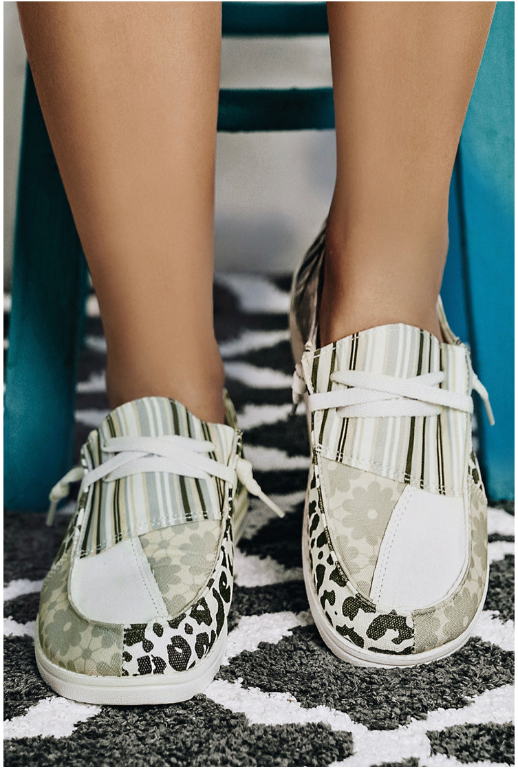 Front View-Grey  Striped &amp; Leopard Print Lace Up Boat Shoes with Flowers