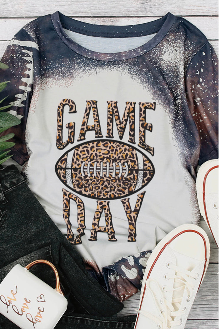 Front View-&quot;Game Day&quot;Leopard Print Letter Football Tie-Dye Graphic Tee