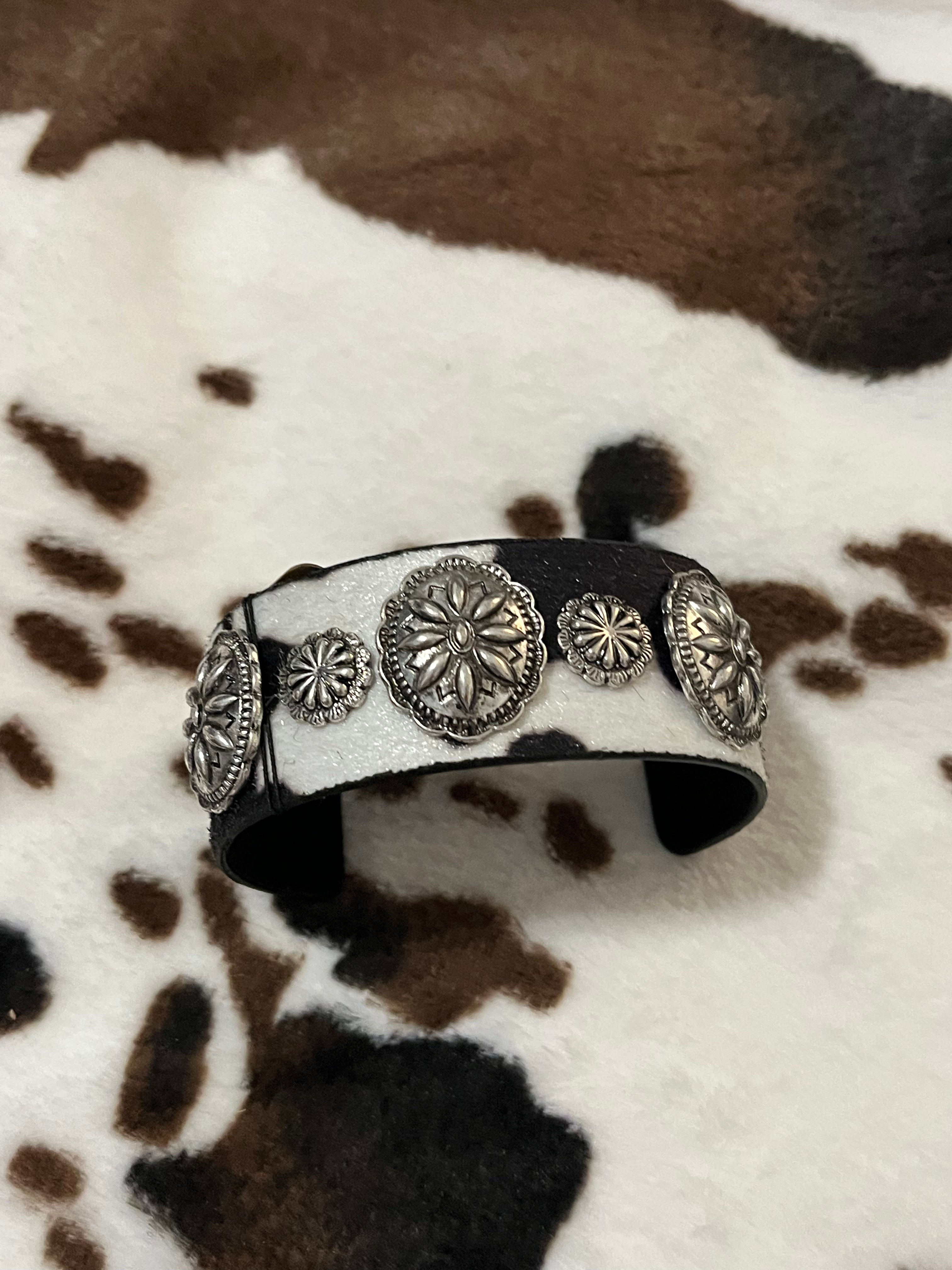 Black with Silver Concho accent-Cow Print Cuff Bracelets with Concho Accents