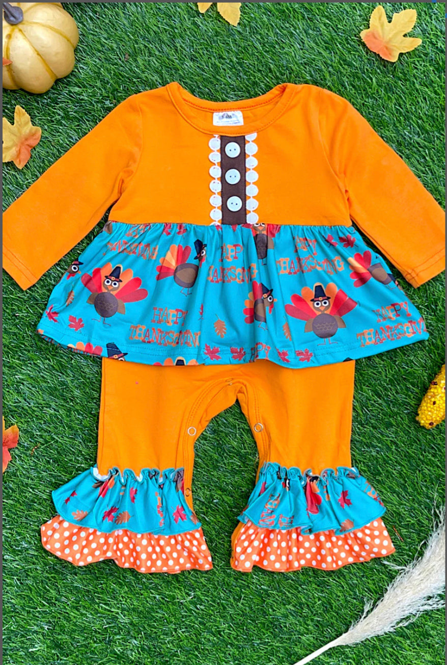 Orange with Turkey printed Skirted Baby Romper