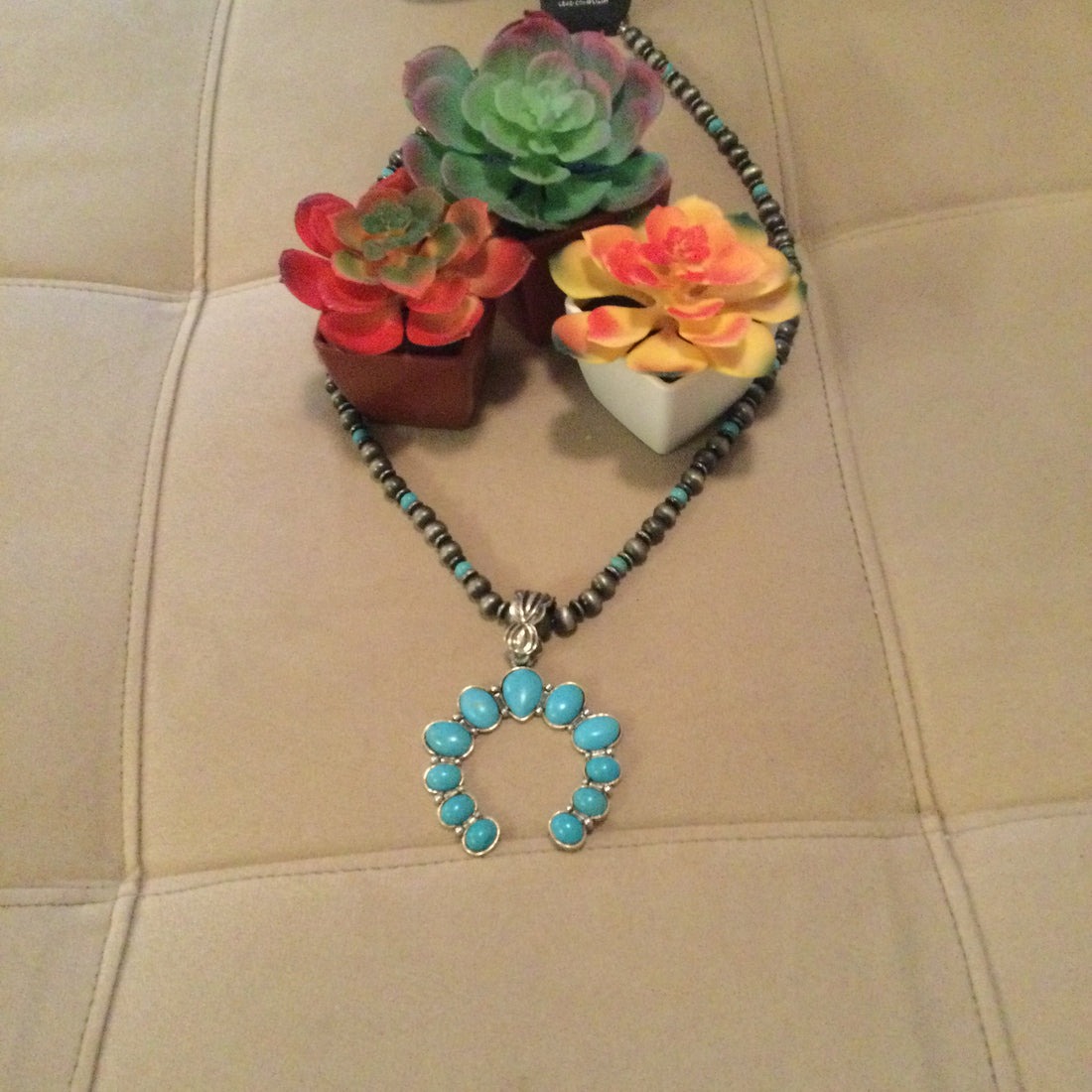 Top View- Beaded turquoise Crescent Pendant Necklace