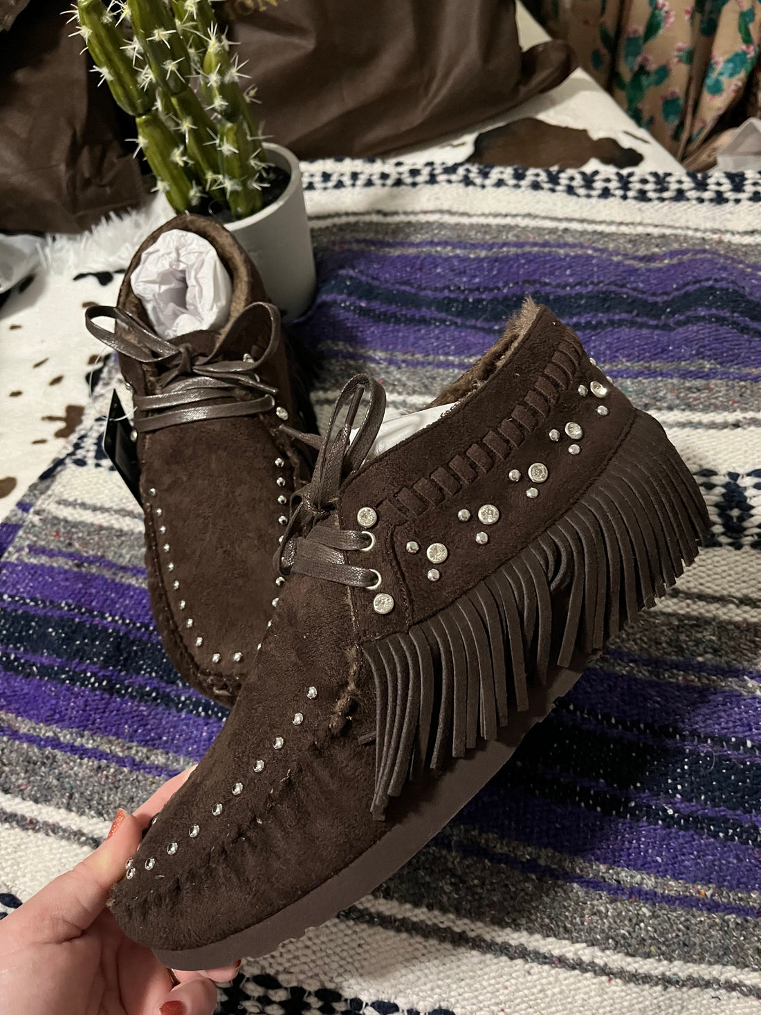 Side View-Montana West Fur Lined Lace up Suede Moccasin Booties