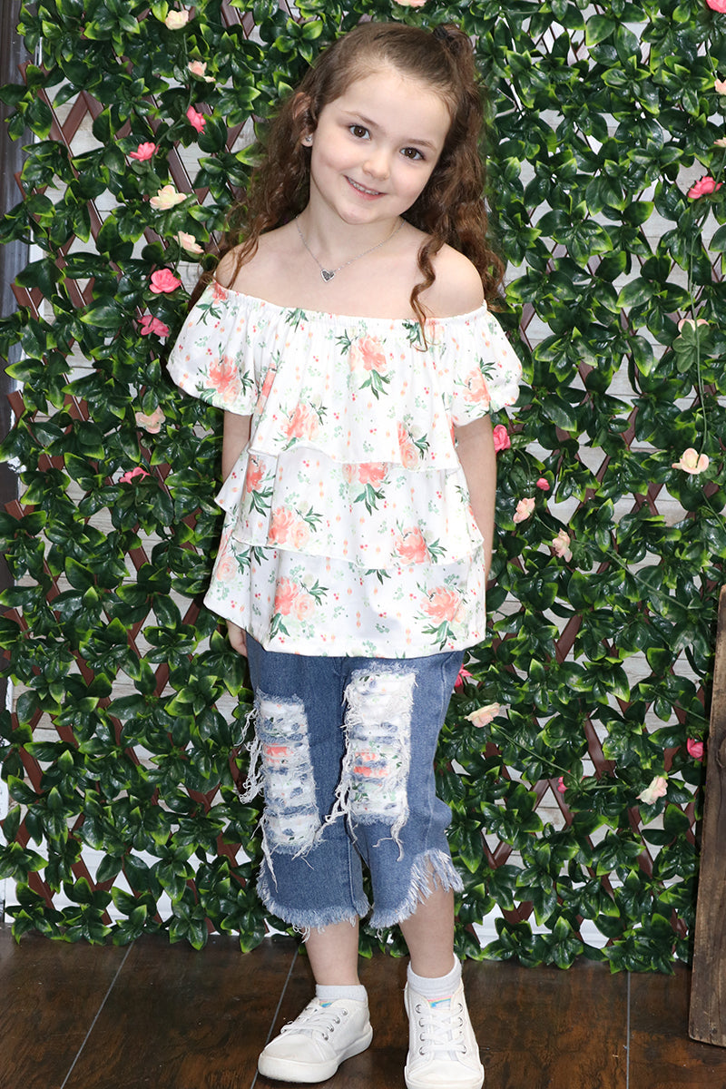Front View-Girls Off the Shoulder Floral Print Top and Matching Capris