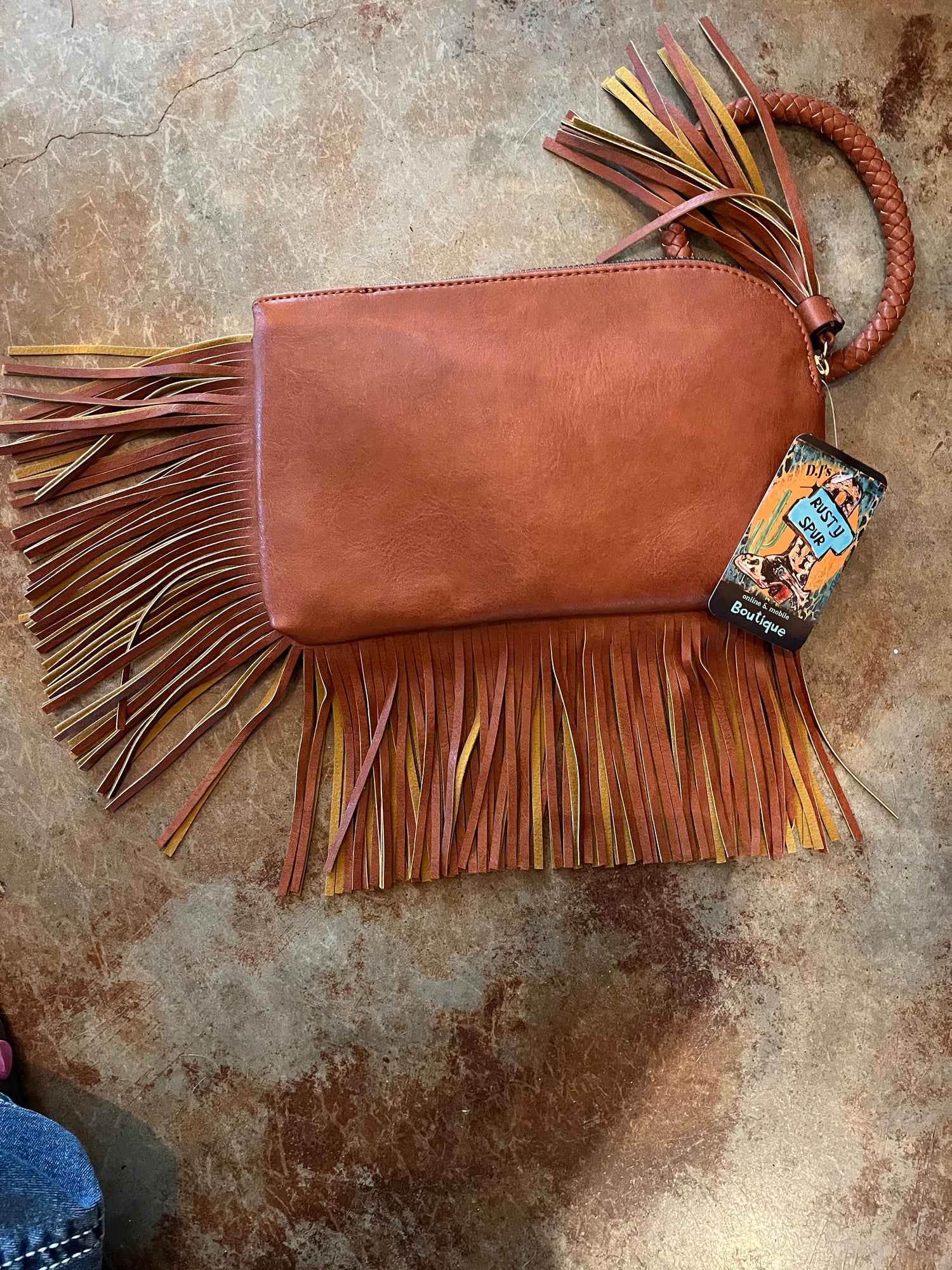 Reddish Brown-Leather Fringed Wristlet