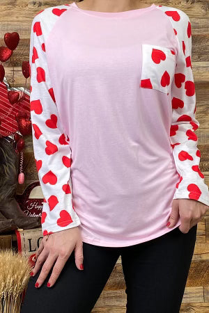 Pink Top With Heart Printed Sleeves And Pocket