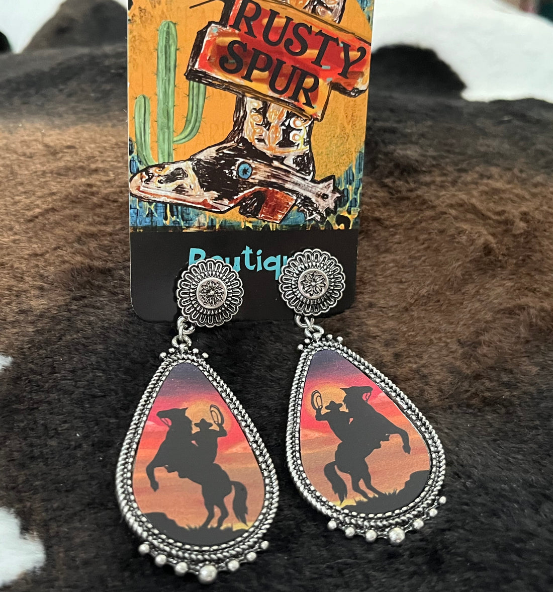 Western Style Cowboy &amp; Horse Sunset Silhouette, Teardrop Earrings