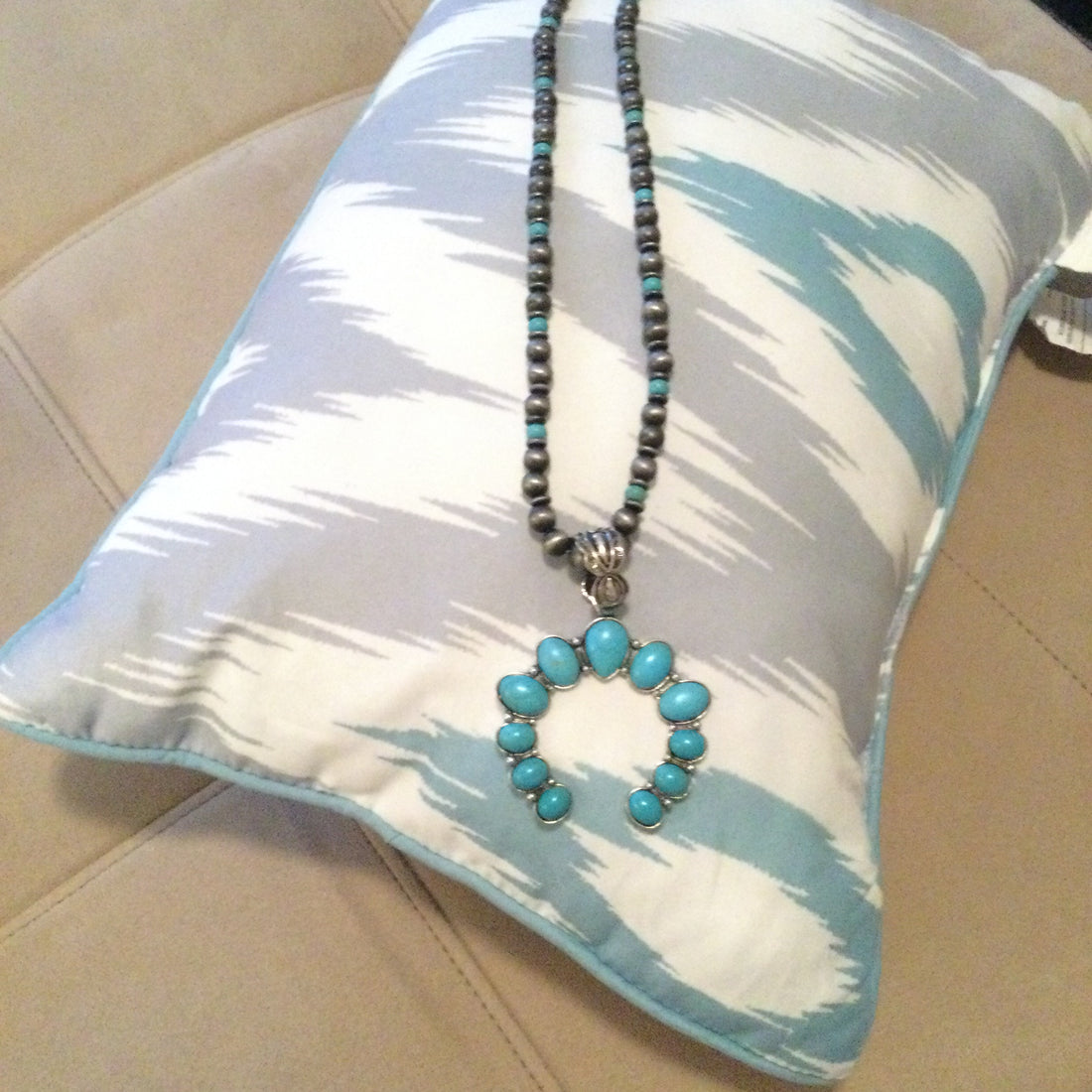 Another Top View-Beaded turquoise Crescent Pendant Necklace