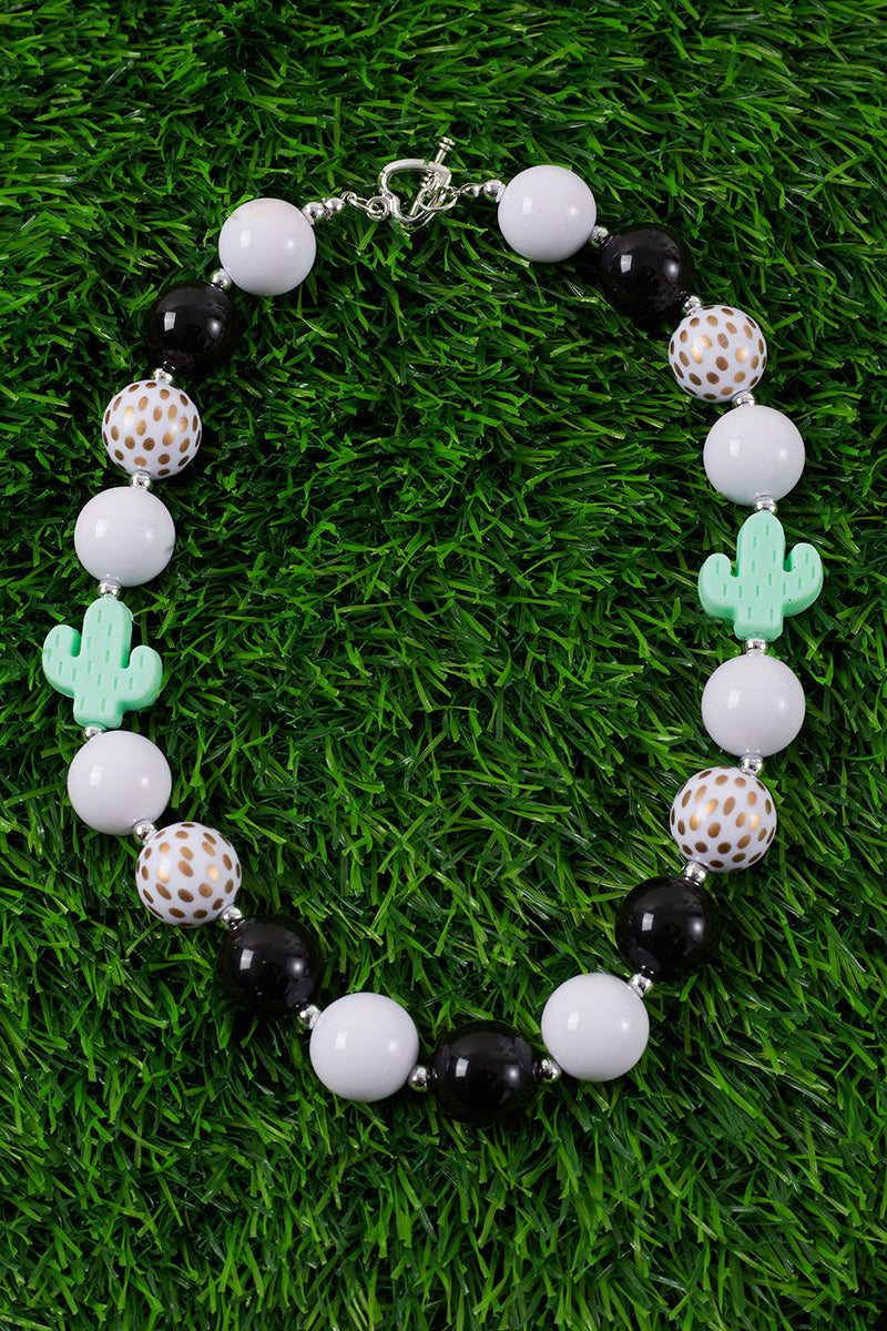 Black and White with gold dots and Cactus-Child’s -Bubble Gum Bead Necklace with Pendant