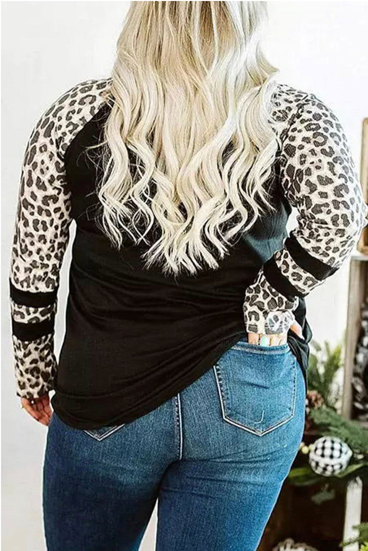 Plus Size- Black And Leopard Splicing Crisscross Neck back side