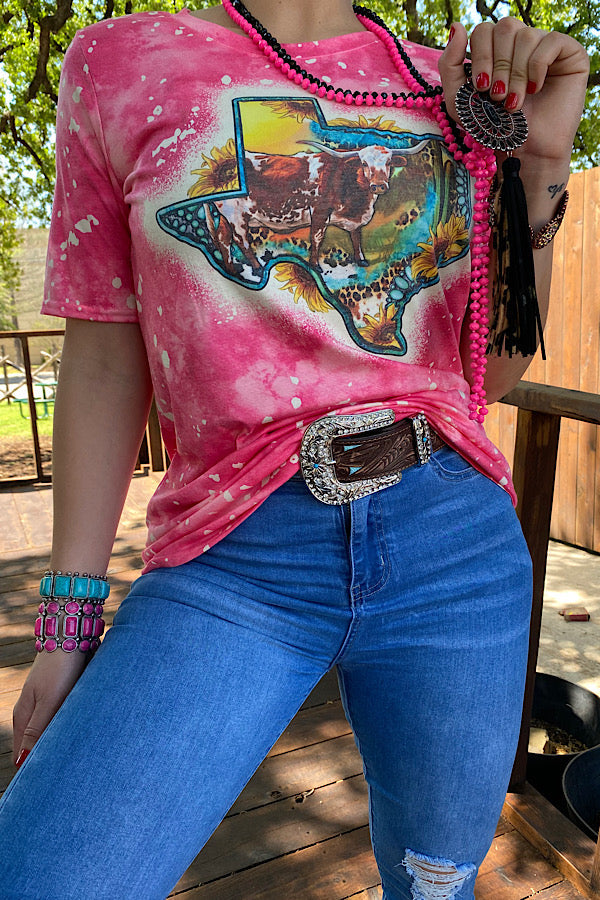 Women’s Pink Bleached T-Shirt with Texas, Longhorn, and Sunflower Graphic Tee