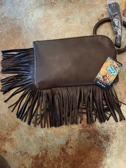 Cocoa Brown-Leather Fringed Wristlet