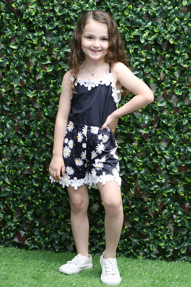 Girls White Daisies Printed on Black Romper with Lace Detail