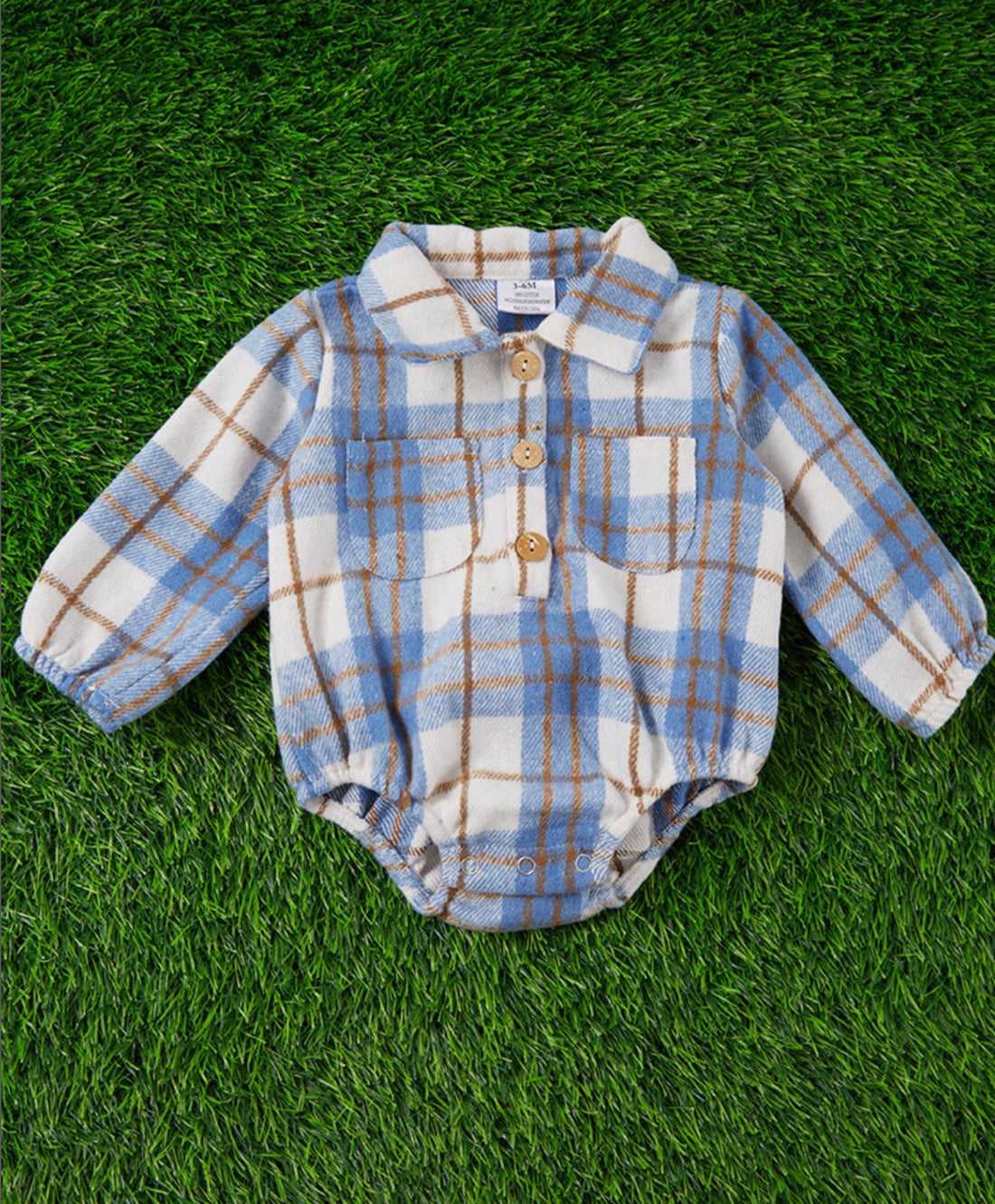 Plaid Fleece Baby Onesies With Three Buttons And Double Pockets Blue