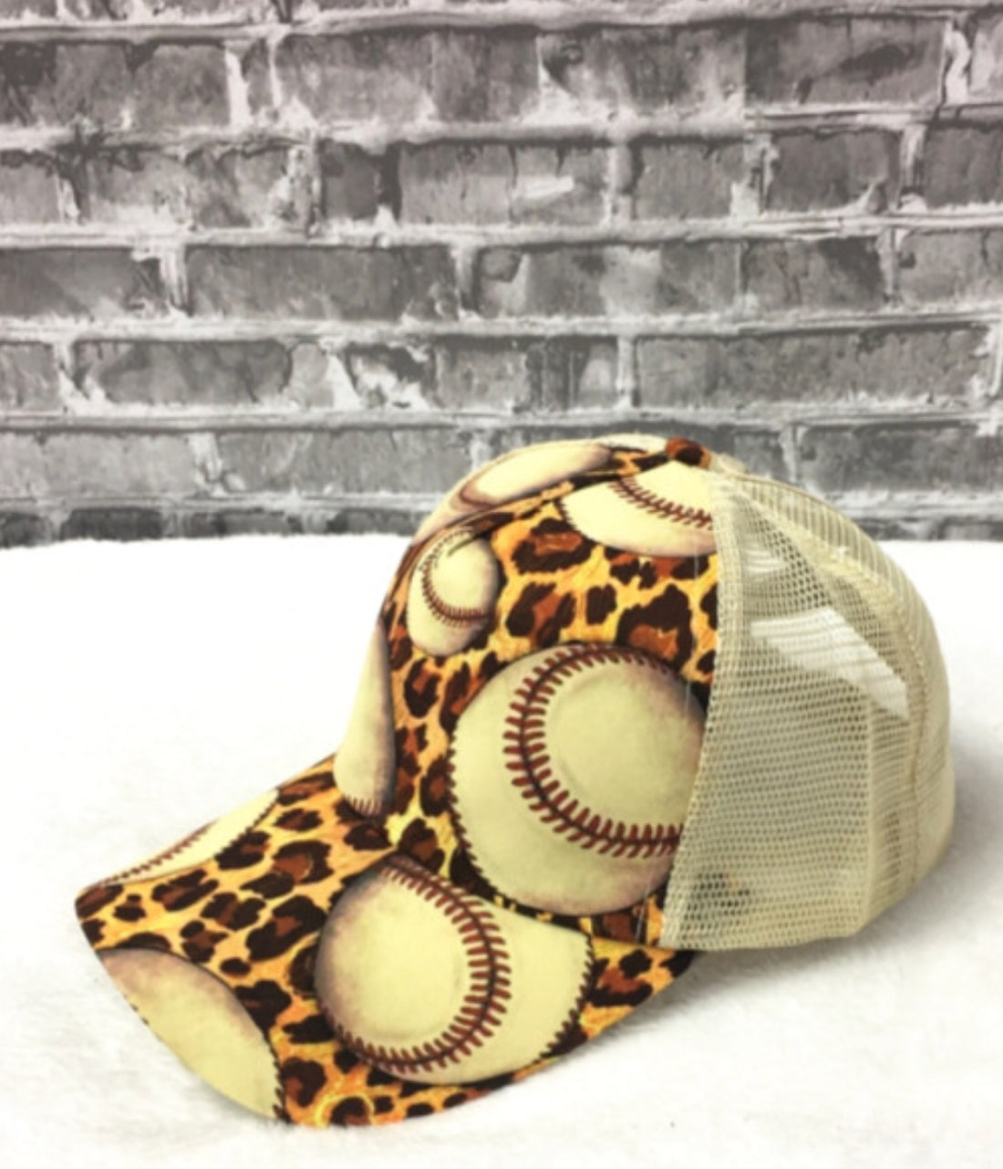 Side View-Baseball Print Messy bun cap