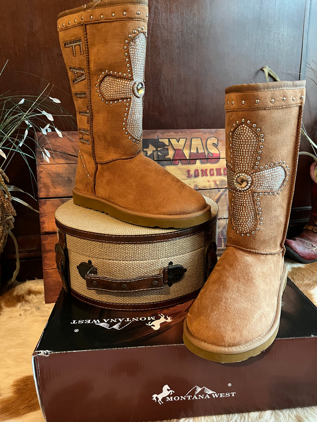 Front View-Montana West Mid Calf Light Brown Fur Lined Boots w/ FAITH ,CROSS &amp; Rhinestones