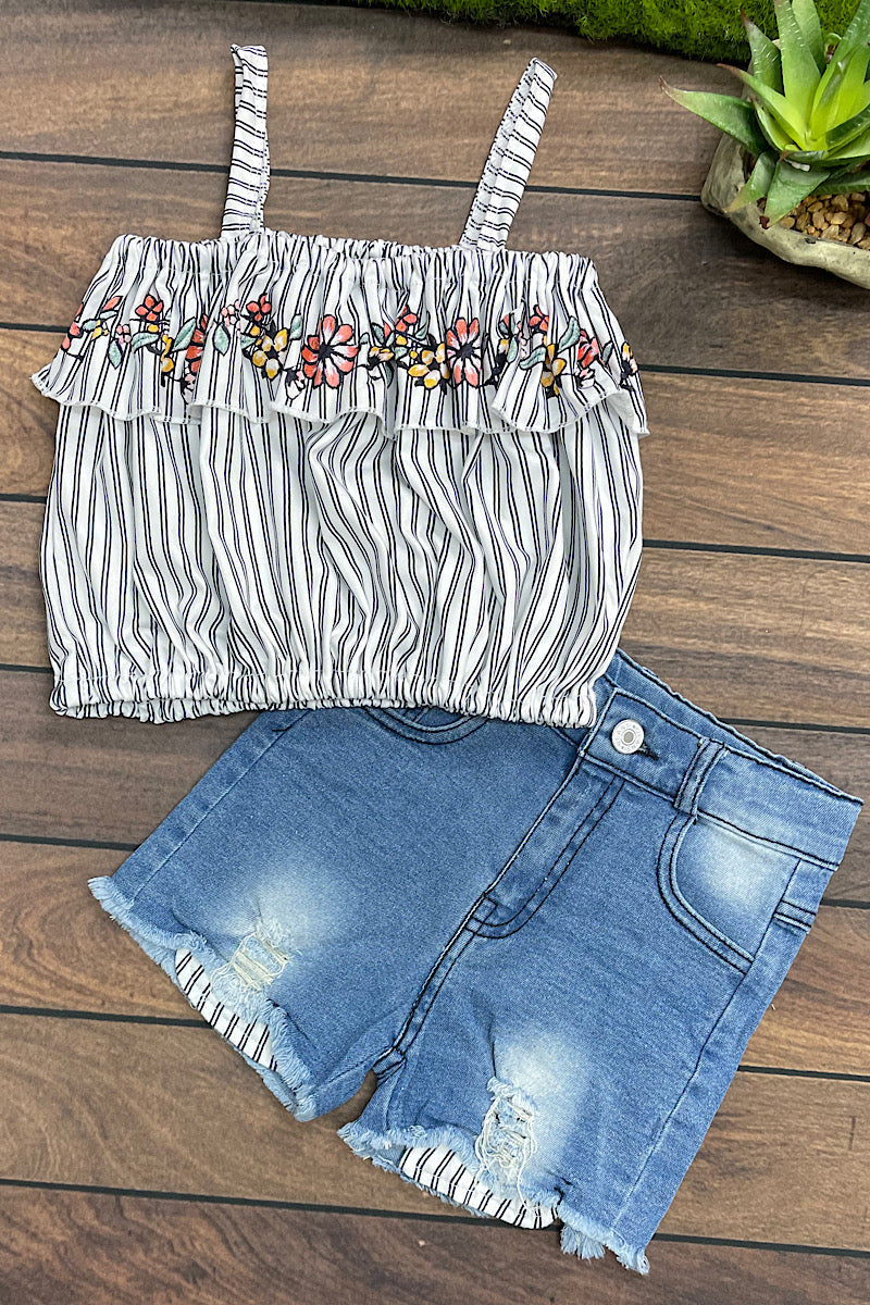 Front View- Girls Striped Halter Top with Denim Shorts