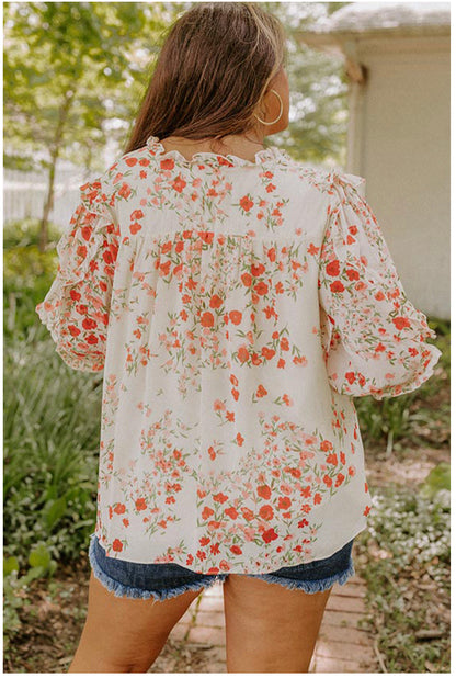 Back View-Floral Print Boho V-neck with Ruffles on sleeves