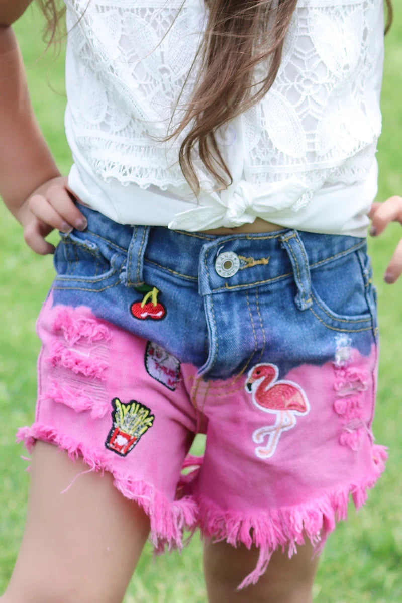 Close up-&quot;Cherry, Flamingo, and Fries&quot; Embroidered Distressed Girls Shorts
